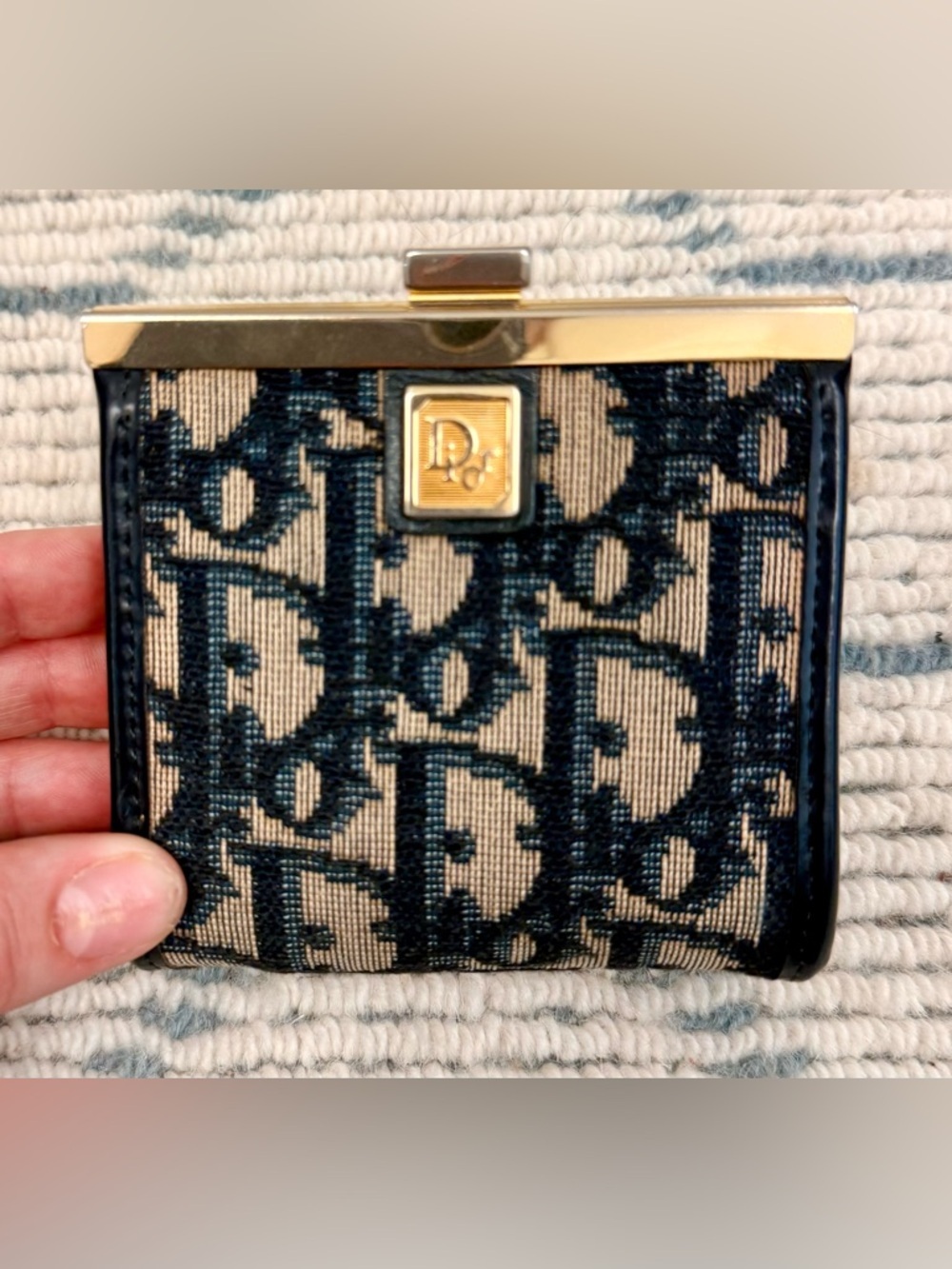 DIOR Vintage Rare Blue Trotter Monogram Canvas Kiss Lock Coin Purse W/ Gold - Picture 8 of 12